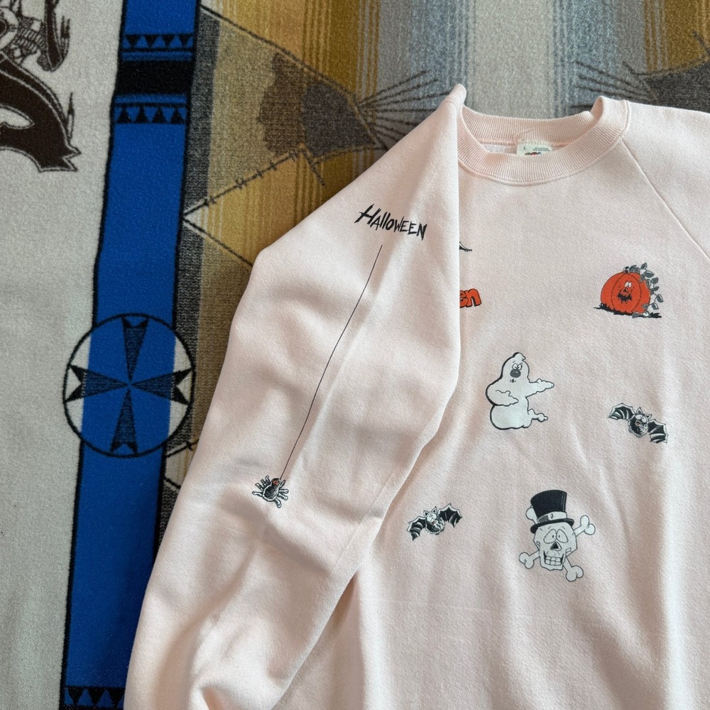 Vintage Fruit of the Loom Halloween Sweatshirt Pink Raglan Ghost Pumpkin Large - Picture 5 of 10